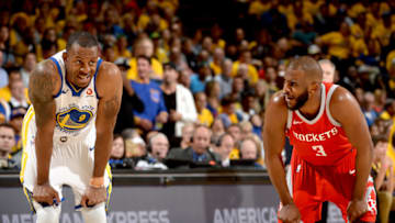 OAKLAND, CA - MAY 20: Andre Iguodala #9 of the Golden State Warriors and Chris Paul #3 of the Houston Rockets talk in Game Three of the Western Conference Finals of the 2018 NBA Playoffs on May 20, 2018 at ORACLE Arena in Oakland, California. NOTE TO USER: User expressly acknowledges and agrees that, by downloading and or using this photograph, user is consenting to the terms and conditions of Getty Images License Agreement. Mandatory Copyright Notice: Copyright 2018 NBAE (Photo by Noah Graham/NBAE via Getty Images)