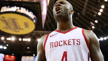 OAKLAND, CA - MAY 22: PJ Tucker #4 of the Houston Rockets reacts after a play against the Golden State Warriors during Game Four of the Western Conference Finals of the 2018 NBA Playoffs at ORACLE Arena on May 22, 2018 in Oakland, California. NOTE TO USER: User expressly acknowledges and agrees that, by downloading and or using this photograph, User is consenting to the terms and conditions of the Getty Images License Agreement. (Photo by Ezra Shaw/Getty Images)