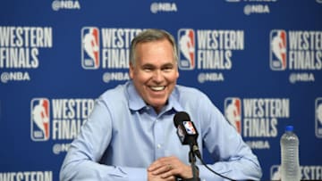 HOUSTON, TX - MAY 24: Head Coach Mike D'Antoni of the Houston Rockets speaks to the media after Game Five of the Western Conference Finals against the Golden State Warriors during the 2018 NBA Playoffs on May 24, 2018 at the Toyota Center in Houston, Texas. NOTE TO USER: User expressly acknowledges and agrees that, by downloading and/or using this photograph, user is consenting to the terms and conditions of the Getty Images License Agreement. Mandatory Copyright Notice: Copyright 2018 NBAE (Photo by Bill Baptist/NBAE via Getty Images)