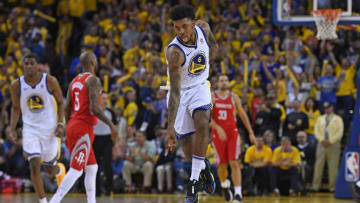 OAKLAND, CA - MAY 26: Golden State Warriors' Nick Young (6) gestures after making a basket against the Houston Rockets during the fourth quarter of Game 6 of the NBA Western Conference finals at Oracle Arena in Oakland, Calif., on Saturday, May 26, 2018. The Golden State Warriors defeated the Houston Rockets 115-86. (Jose Carlos Fajardo/Bay Area News Group via Getty Images)