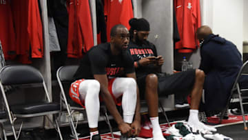 OAKLAND, CA - MAY 26: Luc Mbah a Moute #12 of the Houston Rockets looks on prior to Game Six of the Western Conference Finals during the 2018 NBA Playoffs against the Golden State Warriors on May 26, 2018 at ORACLE Arena in Oakland, California. NOTE TO USER: User expressly acknowledges and agrees that, by downloading and/or using this Photograph, user is consenting to the terms and conditions of the Getty Images License Agreement. Mandatory Copyright Notice: Copyright 2018 NBAE (Photo by Bill Baptist/NBAE via Getty Images)