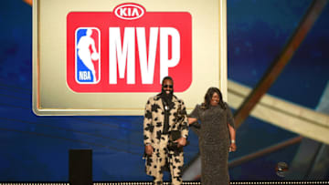 SANTA MONICA, CA - JUNE 25: James Harden #13 of the Houston Rockets accepts the MVP Award during the 2018 NBA Awards Show on June 25, 2018 at The Barkar Hangar in Santa Monica, California. NOTE TO USER: User expressly acknowledges and agrees that, by downloading and/or using this Photograph, user is consenting to the terms and conditions of the Getty Images License Agreement. Mandatory Copyright Notice: Copyright 2018 NBAE (Photo by Adam Pantozzi /NBAE via Getty Images)