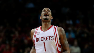 HOUSTON, TX - MARCH 08: Trevor Ariza #1 of the Houston Rockets reacts after he was called for a foul on Joe Johnson #6 of the Utah Jazz during the fourth quarter at Toyota Center on March 8, 2017 in Houston, Texas. NOTE TO USER: User expressly acknowledges and agrees that, by downloading and/or using this photograph, user is consenting to the terms and conditions of the Getty Images License Agreement. (Photo by Bob Levey/Getty Images)