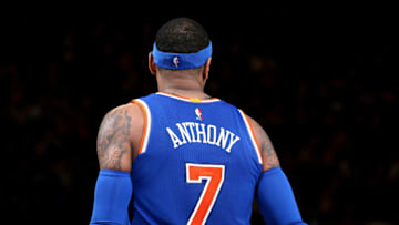 NEW YORK, NY - MARCH 16: Carmelo Anthony #7 of the New York Knicks looks on during the game against the Brooklyn Nets on March 16, 2017 at Madison Square Garden in New York City, New York. NOTE TO USER: User expressly acknowledges and agrees that, by downloading and or using this photograph, User is consenting to the terms and conditions of the Getty Images License Agreement. Mandatory Copyright Notice: Copyright 2017 NBAE (Photo by Nathaniel S. Butler/NBAE via Getty Images)