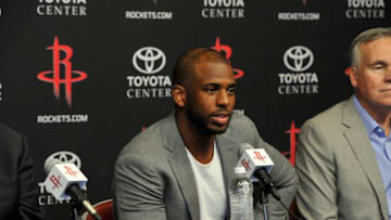 HOUSTON, TX - JULY 14: The Houston Rockets introduces Chris Paul as he speaks to the media during a press conference on July 14, 2017 at the Toyota Center in Houston, Texas. NOTE TO USER: User expressly acknowledges and agrees that, by downloading and/or using this photograph, user is consenting to the terms and conditions of the Getty Images License Agreement. Mandatory Copyright Notice: Copyright 2017 NBAE (Photo by Bill Baptist/NBAE via Getty Images)