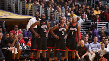 LOS ANGELES, CA - DECEMBER 3: Houston Rockets look on during the game against the Los Angeles Lakers on December 3, 2017 at STAPLES Center in Los Angeles, California. NOTE TO USER: User expressly acknowledges and agrees that, by downloading and or using this photograph, user is consenting to the terms and conditions of the Getty Images License Agreement. Mandatory Copyright Notice: Copyright 2017 NBAE (Photo by Adam Pantozzi/NBAE via Getty Images)