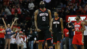 HOUSTON, TX - DECEMBER 11: James Harden #13 of the Houston Rockets reacts after a foul by the New Orleans Pelicans in the fourth quarter at Toyota Center on December 11, 2017 in Houston, Texas. NOTE TO USER: User expressly acknowledges and agrees that, by downloading and or using this photograph, User is consenting to the terms and conditions of the Getty Images License Agreement. (Photo by Tim Warner/Getty Images)