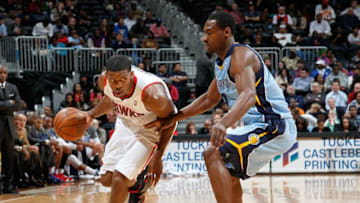ATLANTA, GA - FEBRUARY 02: Joe Johnson #2 of the Atlanta Hawks against Tony Allen #9 of the Memphis Grizzlies at Philips Arena on February 2, 2012 in Atlanta, Georgia. NOTE TO USER: User expressly acknowledges and agrees that, by downloading and or using this photograph, User is consenting to the terms and conditions of the Getty Images License Agreement. (Photo by Kevin C. Cox/Getty Images)