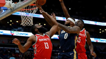 NEW ORLEANS, LA - JANUARY 26: DeMarcus Cousins #0 of the New Orleans Pelicans shoots over James Harden #13 of the Houston Rockets during the first half at the Smoothie King Center on January 26, 2018 in New Orleans, Louisiana. NOTE TO USER: User expressly acknowledges and agrees that, by downloading and or using this photograph, User is consenting to the terms and conditions of the Getty Images License Agreement. (Photo by Sean Gardner/Getty Images)