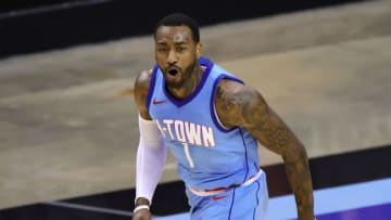 HOUSTON, TEXAS - JANUARY 26: John Wall #1 of the Houston Rockets reacts during the second quarter of a game against the Washington Wizards at Toyota Center on January 26, 2021 in Houston, Texas. NOTE TO USER: User expressly acknowledges and agrees that, by downloading and or using this photograph, User is consenting to the terms and conditions of the Getty Images License Agreement. (Photo by Carmen Mandato/Getty Images)
