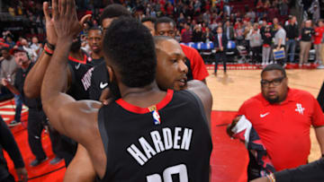 HOUSTON, TX - JANUARY 19: James Harden #13 and Eric Gordon #10 of the Houston Rockets hug after the game against the Los Angeles Lakers on January 19, 2019 at the Toyota Center in Houston, Texas. NOTE TO USER: User expressly acknowledges and agrees that, by downloading and/or using this photograph, user is consenting to the terms and conditions of the Getty Images License Agreement. Mandatory Copyright Notice: Copyright 2019 NBAE (Photo by Bill Baptist/NBAE via Getty Images)