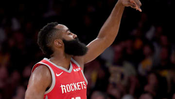 LOS ANGELES, CA - OCTOBER 20: James Harden #13 of the Houston Rockets reacts to his three pointer late in the game leading to a 124-115 victory over the Los Angeles Lakers at Staples Center on October 20, 2018 in Los Angeles, California. (Photo by Harry How/Getty Images)