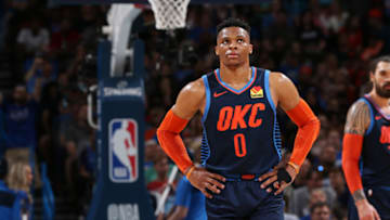 Russell Westbrook #0 of the Oklahoma City Thunder looks on during the game against the Houston Rockets (Photo by Zach Beeker/NBAE via Getty Images)