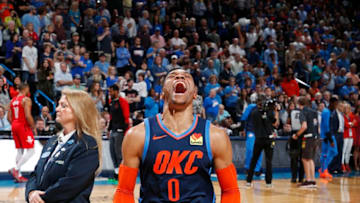 OKLAHOMA CITY, OK - APRIL 9: Russell Westbrook #0 of the Oklahoma City Thunder gets hyped before the game against the Houston Rockets on April 9, 2019 at Chesapeake Energy Arena in Oklahoma City, OK. NOTE TO USER: User expressly acknowledges and agrees that, by downloading and or using this photograph, User is consenting to the terms and conditions of the Getty Images License Agreement. Mandatory Copyright Notice: Copyright 2019 NBAE (Photo by Jeff Haynes/NBAE via Getty Images)
