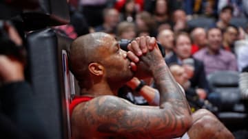 PJ Tucker #17 of the Houston Rockets takes a moment against the Toronto Raptors (Photo by Mark Blinch/NBAE via Getty Images)