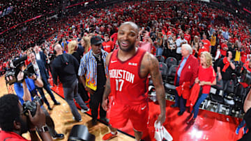 PJ Tucker #17 of the Houston Rockets looks on after Game Three of the Western Conference Semifinals against the Golden State Warriors (Photo by Andrew D. Bernstein/NBAE via Getty Images)