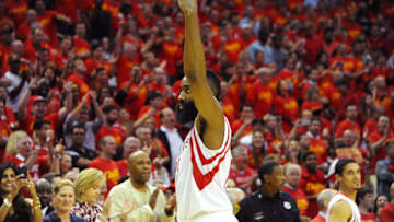 James Harden #13 of the Houston Rockets celebrates in the final seconds of the win against the Los Angeles Clippers (Photo by Bill Baptist/NBAE via Getty Images)