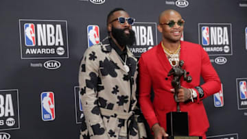 James Harden #13 of the Houston Rockets poses for a photo with PJ Tucker #4 of the Houston Rockets (Photo by Will Navarro/NBAE via Getty Images)