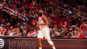 James Harden #13 of the Houston Rockets runs up the court against the Atlanta Hawks (Photo by Cato Cataldo/NBAE via Getty Images)