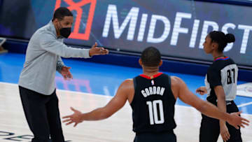Houston Rockets head coach Stephen Silas and guard Eric Gordon (10) Mandatory Credit: Alonzo Adams-USA TODAY Sports