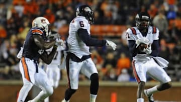 Nov 22, 2014; Auburn, AL, USA; Samford Bulldogs defensive back James Bradberry (21) catches a pass intended for Auburn Tigers wide receiver Sammie Coates (18) during the first half at Jordan Hare Stadium. Mandatory Credit: Shanna Lockwood-USA TODAY Sports