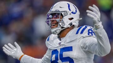 INDIANAPOLIS, IN - AUGUST 17: Eric Ebron #85 of the Indianapolis Colts celebrates during the preseason game against the Cleveland Browns at Lucas Oil Stadium on August 17, 2019 in Indianapolis, Indiana. (Photo by Michael Hickey/Getty Images)