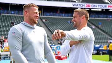 CARSON, CA - SEPTEMBER 22: Defensive end J.J. Watt #99 of the Houston Texans and his brother fullback Derek Watt #34 of the Los Angeles Chargers talk on the field before the game at Dignity Health Sports Park on September 22, 2019 in Carson, California. (Photo by Jayne Kamin-Oncea/Getty Images)
