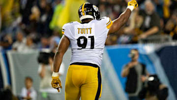 NASHVILLE, TN - AUGUST 25: Stephon Tuitt #91 of the Pittsburgh Steelers celebrates after sacking the quarterback during a game against the Tennessee Titans during week three of preseason at Nissan Stadium on August 25, 2019 in Nashville, Tennessee. The Steelers defeated the Titans 18-6. (Photo by Wesley Hitt/Getty Images)