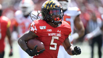 COLLEGE PARK, MD - SEPTEMBER 07: Anthony McFarland Jr. #5 of the Maryland Terrapins rushes the ball against the Syracuse Orange at Maryland Stadium on September 7, 2019 in College Park, Maryland. (Photo by G Fiume/Maryland Terrapins/Getty Images)