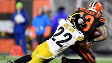 CLEVELAND, OHIO - NOVEMBER 14: Wide receiver Odell Beckham #13 of the Cleveland Browns is tackled by cornerback Steven Nelson #22 of the Pittsburgh Steelers after review falls 1 yard short of the touchdown in the first quarter of the game at FirstEnergy Stadium on November 14, 2019 in Cleveland, Ohio. (Photo by Jamie Sabau/Getty Images)