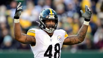 EAST RUTHERFORD, NEW JERSEY - DECEMBER 22: Bud Dupree #48 of the Pittsburgh Steelers attempts to pump up the fans against the New York Jets during the second half at MetLife Stadium on December 22, 2019 in East Rutherford, New Jersey. (Photo by Steven Ryan/Getty Images)