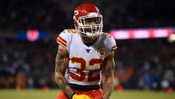 CHICAGO, ILLINOIS - DECEMBER 22: Strong safety Tyrann Mathieu #32 of the Kansas City Chiefs reacts to a defensive stop against the Chicago Bears in the third quarter of the game at Soldier Field on December 22, 2019 in Chicago, Illinois. (Photo by Stacy Revere/Getty Images)