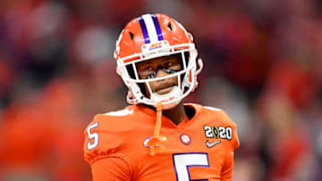 NEW ORLEANS, LOUISIANA - JANUARY 13: Tee Higgins #5 of the Clemson Tigers warms up before the College Football Playoff National Championship game against the LSU Tigers at the Mercedes Benz Superdome on January 13, 2020 in New Orleans, Louisiana. (Photo by Alika Jenner/Getty Images)
