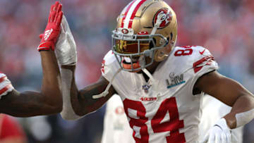 MIAMI, FLORIDA - FEBRUARY 02: Kendrick Bourne #84 of the San Francisco 49ers reacts before Super Bowl LIV at Hard Rock Stadium on February 02, 2020 in Miami, Florida. (Photo by Jamie Squire/Getty Images)
