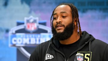 INDIANAPOLIS, INDIANA - FEBRUARY 26: Lucas Niang #OL35 of Texas Christian interviews during the second day of the 2020 NFL Scouting Combine at Lucas Oil Stadium on February 26, 2020 in Indianapolis, Indiana. (Photo by Alika Jenner/Getty Images)