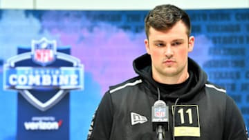 INDIANAPOLIS, INDIANA - FEBRUARY 26: Ezra Cleveland #OL11 of Boise State interviews during the second day of the 2020 NFL Scouting Combine at Lucas Oil Stadium on February 26, 2020 in Indianapolis, Indiana. (Photo by Alika Jenner/Getty Images)