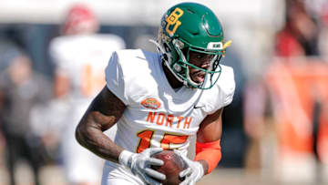 MOBILE, AL - JANUARY 25: Wide Receiver Denzel Mims #15 from Baylor of the North Team during the 2020 Resse's Senior Bowl at Ladd-Peebles Stadium on January 25, 2020 in Mobile, Alabama. The Noth Team defeated the South Team 34 to 17. (Photo by Don Juan Moore/Getty Images)