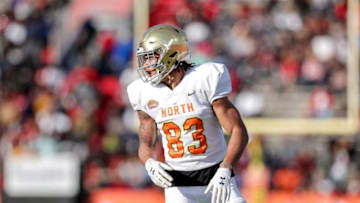 MOBILE, AL - JANUARY 25: Wide Receiver Chase Claypool #83 from Notre Dame of the North Team warms up before the start of the 2020 Resse's Senior Bowl at Ladd-Peebles Stadium on January 25, 2020 in Mobile, Alabama. The North Team defeated the South Team 34 to 17. (Photo by Don Juan Moore/Getty Images)