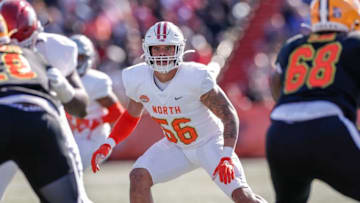 MOBILE, AL - JANUARY 25: Linebacker Zack Baun #56 from Wisconsin of the North Team during the 2020 Resse's Senior Bowl at Ladd-Peebles Stadium on January 25, 2020 in Mobile, Alabama. The North Team defeated the South Team 34 to 17. (Photo by Don Juan Moore/Getty Images)