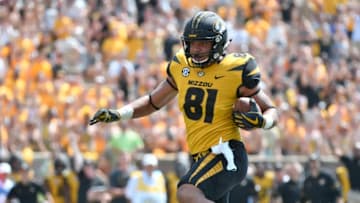 COLUMBIA, MO - SEPTEMBER 2: Albert Okwuegbunam #81 of the Missouri Tigers runs for a touchdown against the Missouri State Bears at Memorial Stadium on September 2, 2017 in Columbia, Missouri. (Photo by Ed Zurga/Getty Images)