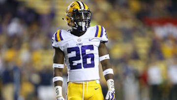 BATON ROUGE, LA - SEPTEMBER 09: John Battle #26 of the LSU Tigers wears the numbers 954 and 305 on his wrists during the second half of a game against the Chattanooga Mocs at Tiger Stadium on September 9, 2017 in Baton Rouge, Louisiana. The numbers are area codes for south Florida where his home town of Hallandale is currently under threat from Hurricane Irma. (Photo by Jonathan Bachman/Getty Images)