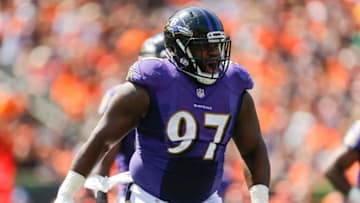 CINCINNATI, OH - SEPTEMBER 10: Michael Pierce #97 of the Baltimore Ravens reacts after a sack during the game against the Cincinnati Bengals at Paul Brown Stadium on September 10, 2017 in Cincinnati, Ohio. (Photo by Michael Reaves/Getty Images)