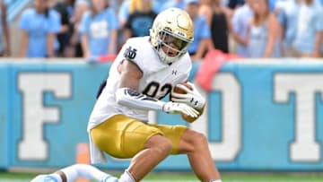 CHAPEL HILL, NC - OCTOBER 07: Chase Claypool #83 of the Notre Dame Fighting Irish breaks away from K.J. Sails #9 of the North Carolina Tar Heels during the game at Kenan Stadium on October 7, 2017 in Chapel Hill, North Carolina. (Photo by Grant Halverson/Getty Images)