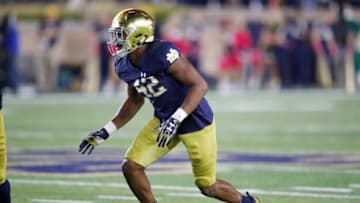 SOUTH BEND, IN - OCTOBER 21: Julian Okwara #42 of the Notre Dame Fighting Irish in action during a game against the USC Trojans at Notre Dame Stadium on October 21, 2017 in South Bend, Indiana. Notre Dame won 49-14. (Photo by Joe Robbins/Getty Images)