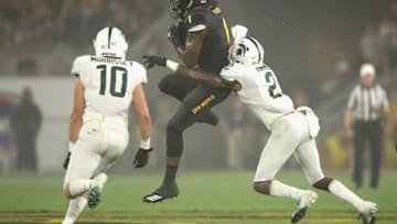 TEMPE, AZ - SEPTEMBER 08: Wide receiver N'Keal Harry #1 of the Arizona State Sun Devils mkaes a leaping catch over cornerback Justin Layne #2 of the Michigan State Spartans during the college football game at Sun Devil Stadium on September 8, 2018 in Tempe, Arizona. The Sun Devils defeated the Spartans 16-13. (Photo by Christian Petersen/Getty Images)
