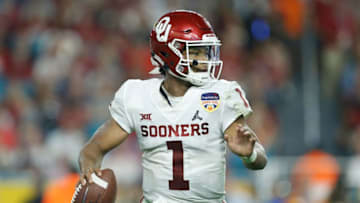 MIAMI, FL - DECEMBER 29: Kyler Murray #1 of the Oklahoma Sooners looks to pass against the Alabama Crimson Tide during the College Football Playoff Semifinal at the Capital One Orange Bowl at Hard Rock Stadium on December 29, 2018 in Miami, Florida. (Photo by Michael Reaves/Getty Images)