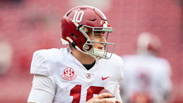 Mac Jones #10 of the Alabama Crimson Tide. (Photo by Wesley Hitt/Getty Images)