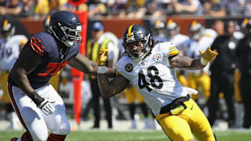 CHICAGO, IL - SEPTEMBER 24: Bud Dupree #48 of the Pittsburgh Steelers ruses against Bobby Massie #70 of the Chicago Bears at Soldier Field on September 24, 2017 in Chicago, Illinois. The Bears defeated the Steelers 23-17 in overtime. (Photo by Jonathan Daniel/Getty Images)