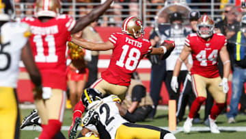SANTA CLARA, CALIFORNIA - SEPTEMBER 22: Dante Pettis #18 of the San Francisco 49ers scores a touchdown in the fourth quarter against the Pittsburgh Steelers at Levi's Stadium on September 22, 2019 in Santa Clara, California. (Photo by Lachlan Cunningham/Getty Images)