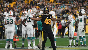 PITTSBURGH, PA - OCTOBER 28: Bud Dupree #48 of the Pittsburgh Steelers attempts to pump up the crowd in the second half during the game against the Miami Dolphins at Heinz Field on October 28, 2019 in Pittsburgh, Pennsylvania. (Photo by Justin Berl/Getty Images)